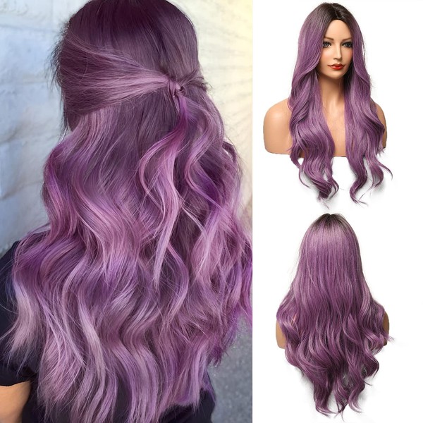 OUFEI 24 Inches Long Wavy Purple Wig for Women Natural Synthetic Hair Heat Resistant Ombre Wigs with Dark Roots for Daily Party Cosplay Wear