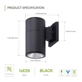 ASD 1 Light Dusk to Dawn Exterior Lighting Fixtures - 60W E26 Cylinder Up and Down Black Modern Outdoor Wall Light, LED CFL Incandescent Bulb Patio Wall Light Fixture, Outdoor Sconce Lights ETL