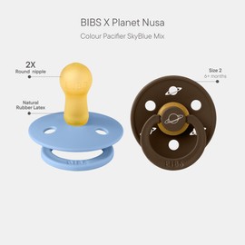 BIBS Colour Planet Nusa Pacifiers Pack of 2, BPA-Free, Cherry Shape Nipple. Natural Rubber/Latex, Made in Denmark, Size 2 (6-18 Months), Sky Blue Mix