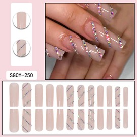 Vopintpy Long Press on Nails Coffin Nails Ballerina Rhinestones Square Fake Nails Glossy Nude Acrylic Glue on Nails Reusable Full Cover Stick on Nails for Women DIY Charm Manicure