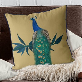Kelly Stevens-McLaughlan, Peacock on Branch on Gold Cushion / Pillow Cover, Zippered Base, Full Piping, 18 Inches x 18 Inches