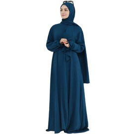 Women Muslim Dress Middle East Arabian Robe Islamic Modest Dress with Hijab Scarf Lace Sleeve Flowy Abaya Dress Blue