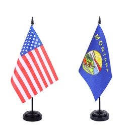 WXTWK 2 Pack USA Montana Flag Montana State Desk Flag Set - Mini Small Montana Table Office Flags with Black 12" Solid Pole Stand Base Classroom Meeting Desktop Decorations