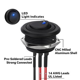 12V Aluminum Round Rocker Switch Red Lighted Toggle Switch 20A SPST 12V/24V On/Off Switch w/ 14 AWG Pre-Wired Leads for RV Boat Truck Car Automotive, 1” Drill Hole (Blue Lighted-2Pcs)