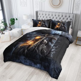 AILONEN Boys Skull Queen Size Comforter Set, Motor Rider Skeleton Bone Bedding Set Howling Wolf Comforter Set,3 Pieces Galaxy Starry Skull Soft Comforter Set, 1 Quilt and 2 Pillowcases