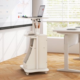 Giantex Mobile Podium Stand Set of 2, Height Adjustable Laptop Cart with Tilting Tabletop & Storage Compartments, Rolling Lectern with Lockable Casters for Classroom, Church, Home Office, Black