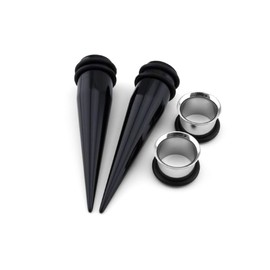 Urban Body Jewelry 9mm Ear Stretching Kit - 2 Black Acrylic Tapers & 2 Steel Tunnels (4 Pieces), Stainless Steel