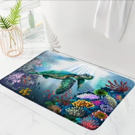 ZKJSMGS Ocean Turtle Bath Rug,Sea Animal Coral Seaweed Underwater Tropical Fish Sea Biological Blue18x30 Inch Bath Mat for Bathroom Kitchen
