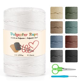Macrame 2 mm 250 Metres Polyester Cord, 100% Polypropylene Macrame Cord, 4 mm Crochet Bag Cord Macrame Rope Crochet Yarn Gift for Knitwear - White