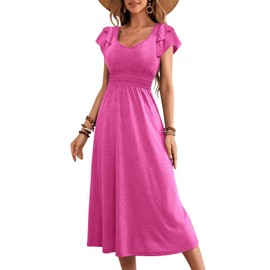 Dokotoo Spring Dress 2024 Casual Summer Dresses for Women Midi Dresses Maxi Ruffle Dress Women Vacation Short Crewneck Elegant Dress Resort Wear Dress Womens Pink