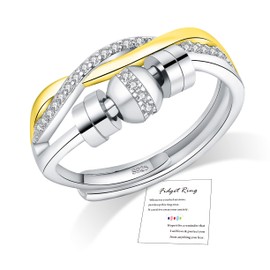 FUNTE® Anxiety Rings for Women 925 Sterling Silver Fidget Rings Adjustable Anxiety Gold Ring Twist Cubic Zirconia Rings Thumb Rings for Stress Relief Five Spinner Beads Rings