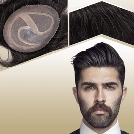 Lishy Toupee for Men European Real Human Hair Replacement Systems Men Hairpieces Fino Mono Lace Center Thicker Skin PU Hair Piece for Man Wigs 8x10 Inches 1B Mixed 10% Grey White Hair