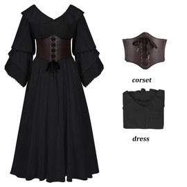 Leunsyoukin Vestido renacentista para mujer, vestido medieval, disfraz de feria con corsé, mangas acampanadas, cintura alta, vestido maxi
