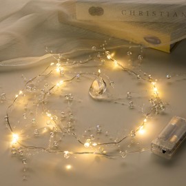 Iridescent Bead String with Fairy Lights Battery Operated, 3-8mm Artificial Crystal Beads Chain Short LED String Lights Mixed, DIY Crafts Wedding Party Garland Centerpiece(3.28ft/Set, 2 Set)