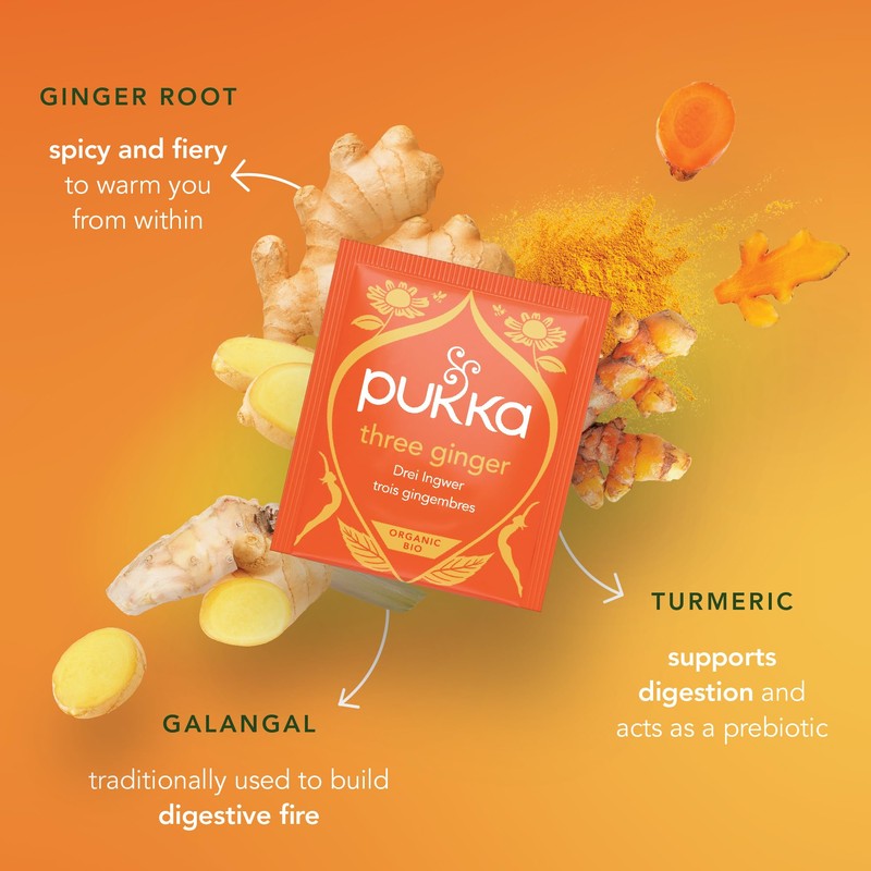 Pukka Three Ginger Organic Herbal Tea, Digestion-Aiding Infusion With Ginger,