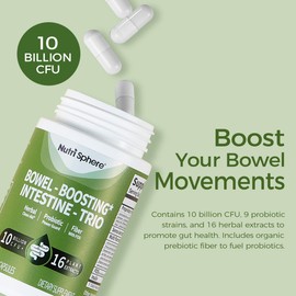 NutriSphere Gut Cleanse Probiotic Capsules – 10 Billion CFU, 9 Strains, 16 Plant Extracts (Aloe, Psyllium, Licorice Root etc.), with Prebiotics for Digestive Health, Bowel-Boosting*Intestine-Trio