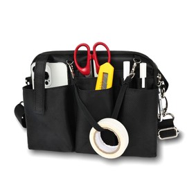 Multi-functional Waist Pouch, Nurse Pouch, Waist Bag, Gusset, Horizontal Type, Double Zipper, 11 Pockets, Pen Holder, Tools, Stationery, Small Items, Work, Nursing, Carabiner, Shoulder Belt, Water