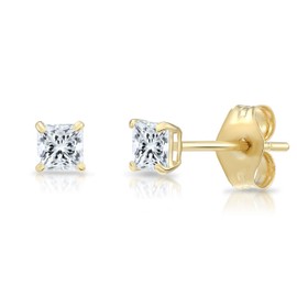 Solid 14k Yellow Gold Square Solitaire Cubic Zirconia Princess-cut Small CZ Stud Earrings (3mm)