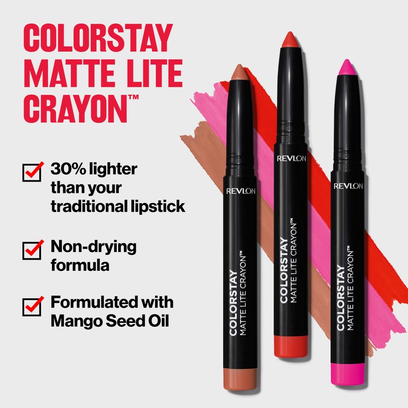 REVLON ColorStay Matte Lite Crayon Lipstick with Built-in Sharpener, Smudge-proof,