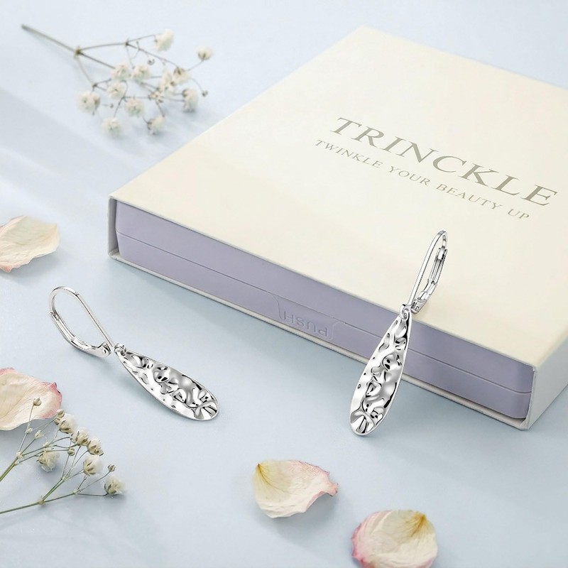 Trinckle 925 Sterling Silver Teardrop Earrings, Hammered Leverback Earrings