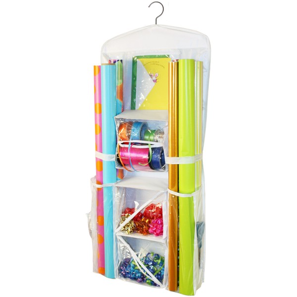 Gift Wrap Organizer - Storage for Wrapping Paper (All Sized Rolls), Gift Bags, Bows, Ribbon and More - Organize Your Closet with this Hanging Bag & Box to Have Organization, Clear Pockets & Hook Hangs