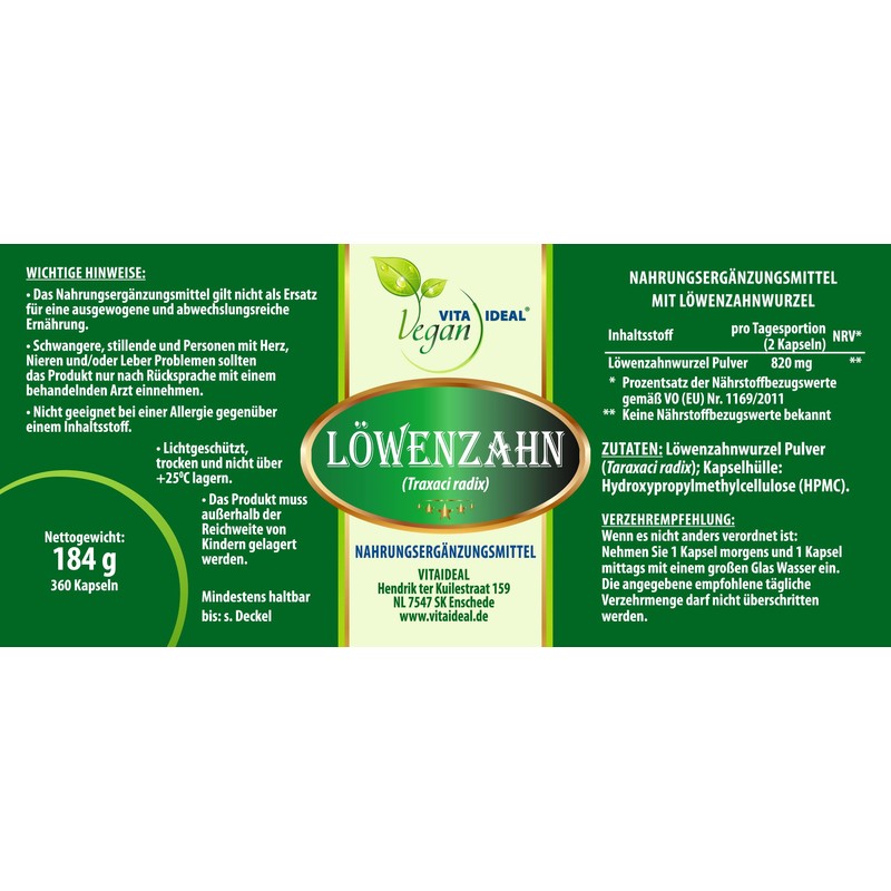 VITAIDEAL VEGAN® "SPAT-POT" Dandelion Root (Traxacum Officialae) 2 x 360