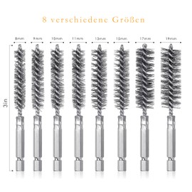 Pack of 8 Wire Brush Drill, Various Sizes, Cylinder Wire Brush, with Hexagonal Bar, Stainless Steel Hole Brush, Cylinder Brush for Drill, Polishing, Grinding, Rust Removal, Deburring