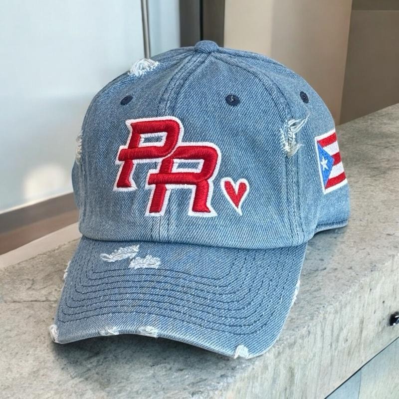 Puerto Rico Distressed Dad Hats Metal Buckle:_Black/Red Logo