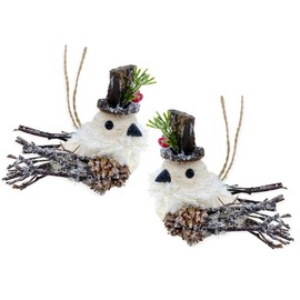 Snow Bird Ornaments -Set of 2 Sisal and Birch Bird Christmas Decorations for Holiday Tree, Garland, Centerpiece