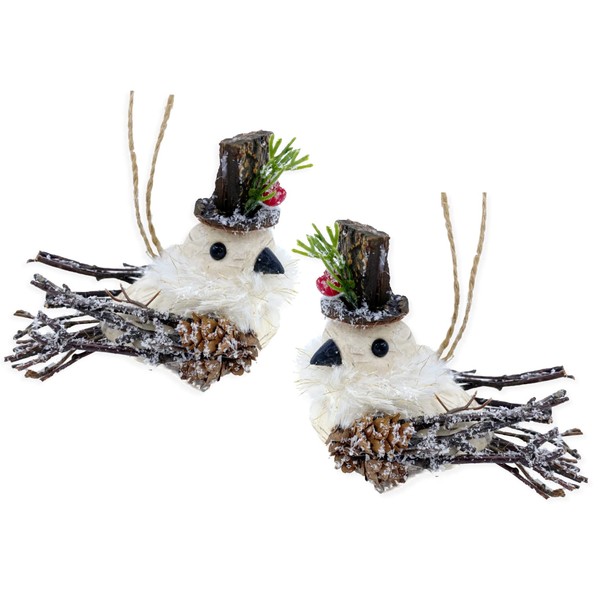 Snow Bird Ornaments -Set of 2 Sisal and Birch Bird