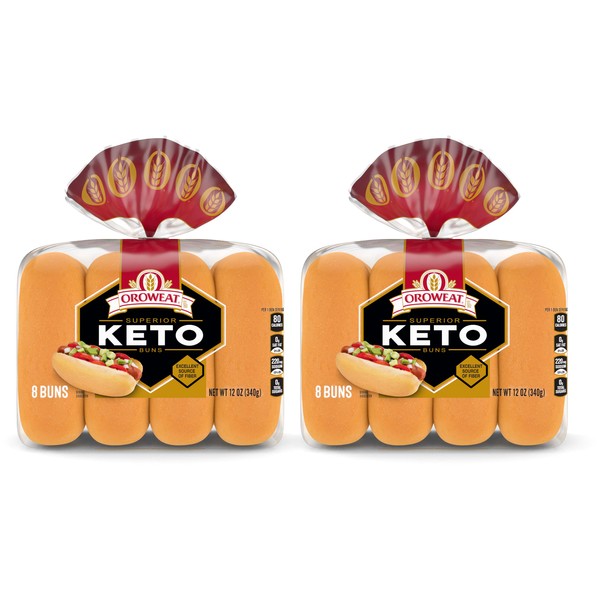 Oroweat Keto Hotdog Buns (16ct) with Keto Lifestyle Guide (2 Packs, 8 Buns Each)