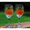 2 Pumpkin Stemmed Hand Painted Wine Glasses Set