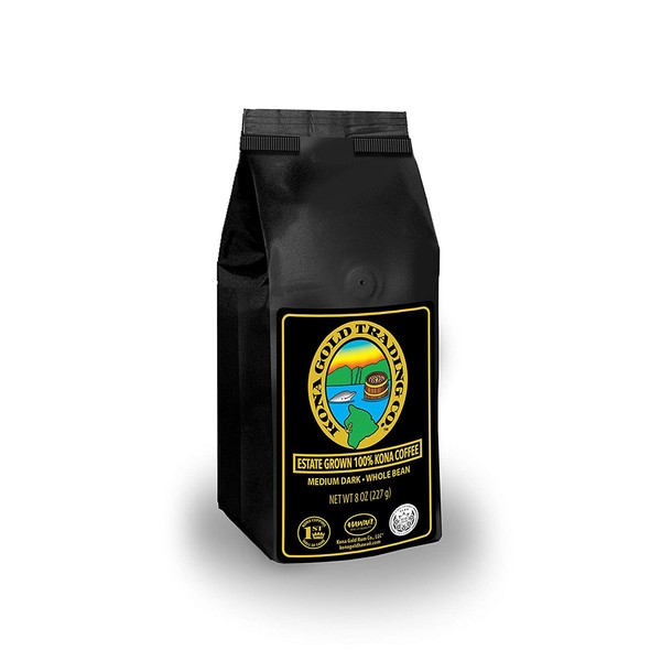 Kona Gold Coffee Whole Beans - 8 oz, by Kona Gold Rum Co. - Medium/Dark Roast Extra Fancy - 100% Kona Coffee