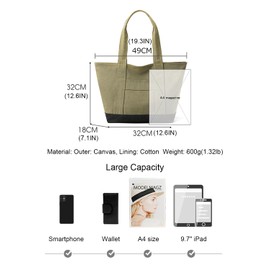zhongningyifeng Canvas Tote Bag for Women A4 Large Capacity Handbag with Zip Shoulder Hobo Bag for Shopping Travel Work, Green
