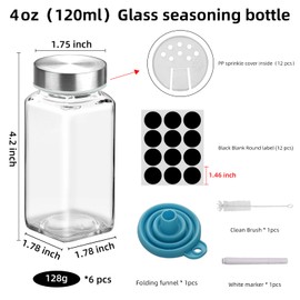 6Pcs 4oz Glass Spice Jars with Shaker Lids, Spice Jars Trial Set & Supplement Set, Empty Spice Containers and Square Spice Bottles for Kitchen (304 Stainless steel Lids)