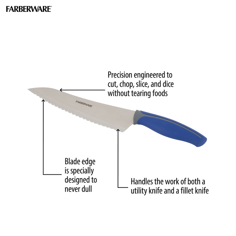 Farberware Soft Grip Serrated Chef Knife, 8-Inch, Navy