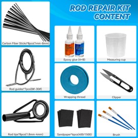THKFISH Fishing Rod Repair Kit with Carbon Fiber Sticks Rod Tips Repair kit Rod Eyelet Replacement kit Pole Repair Kit Complete for Rod Building Supplies