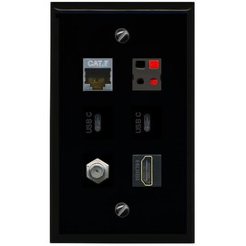 RiteAV CAT7 Coax HDMI Speaker 2 USBC Flat/Solid Wall Plate [Black]