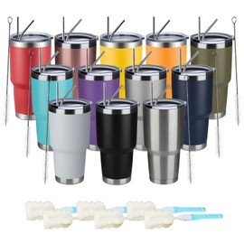MEWAY 30oz Insulated Tumbler With Lids and Straws,Stainless Steel Double Vacuum Coffee Tumbler Cup, Brush, Durable Powder Coated Coffee Cup for Cold & Hot Drinks, Office, Travel(mixture,12 PACK)