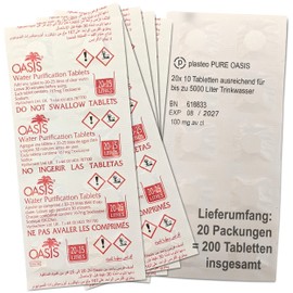 plasteo® Pure Oasis Water Purification Tablets Pack of 200 for up to 5000 Litres of Water Sterilization 100% Germ-free Drinking Water in 30 Minutes 1 x Glove Made of PE Recommended by WHO and CDC
