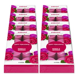 pajoma® Roses & Berries Tea Lights Pack of 8 | 64 Scented Tea Lights in Polycarbonate Case, Burning Time Approx. 4 Hours - Height 1.5 cm Diameter 3.5 cm | Premium Quality | Decoration, Catering, Wind