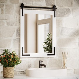 TETOTE Farmhouse Barn Door Mirror 22” x 30” Rustic Natural Solid White Wood Framed Bathroom Vanity Wall Mirror for Living Room Bedroom Entryway, Waterproof, Fully Assembled