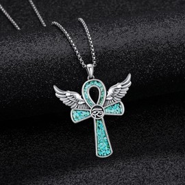Midir&Etain Ankh Pendant Necklace 925 Sterling Silver Turquoise Cross Necklace Religious Egyptian Amulet Jewelry for Men Women, 38*20mm, Sterling Silver, No Gemstone
