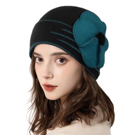 Sumolux Beanie Hats for Women Wool Beret Floral Cuffed Skull Cap French Vintage Dress Cloche Classic Winter 1920s Black Green
