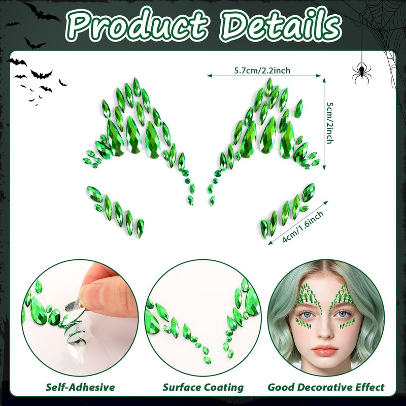 6 Pcs Green Face Gems Jewels Halloween Ivy Stickers Accessories