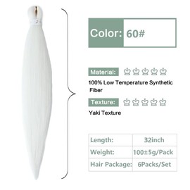YDDM Pre Stretched Braiding Hair Extensions, 32 Inches, 6 Packs Braids, Synthetic Hair Braids, White Hair Extensions, Synthetic Hair for Braiding Extension for Braids, Jumbo Braids Hair (32 Inches,