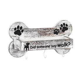 J JACKCUBE DESIGN Rustic White Bone Shape Wall Mounted Dog Leash Holder with 3 Key Holder Hooks and Extra Storage Compartment Box Shelf for Pet Treats, Accessories and More - MK679A