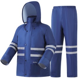 Rain Suits, High Visibility Reflective Safety Jacket, Lightweight Rain Gear, Waterproof Rain Jacket with Pants, Blue, 3X-Large