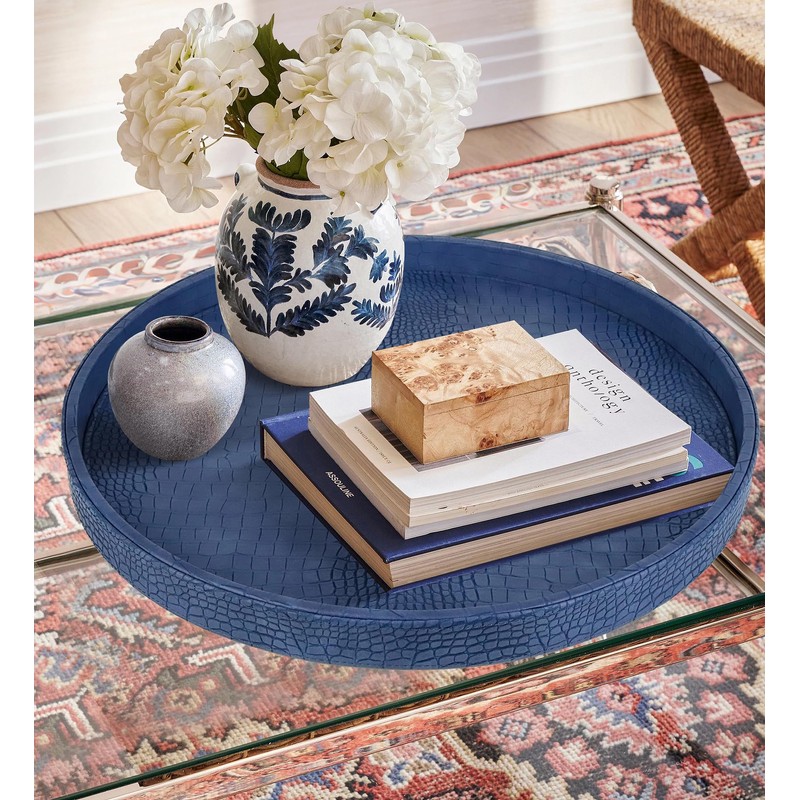 HofferRuffer Round Serving Tray 20'', Elegant Faux Leather Circle Ottoman
