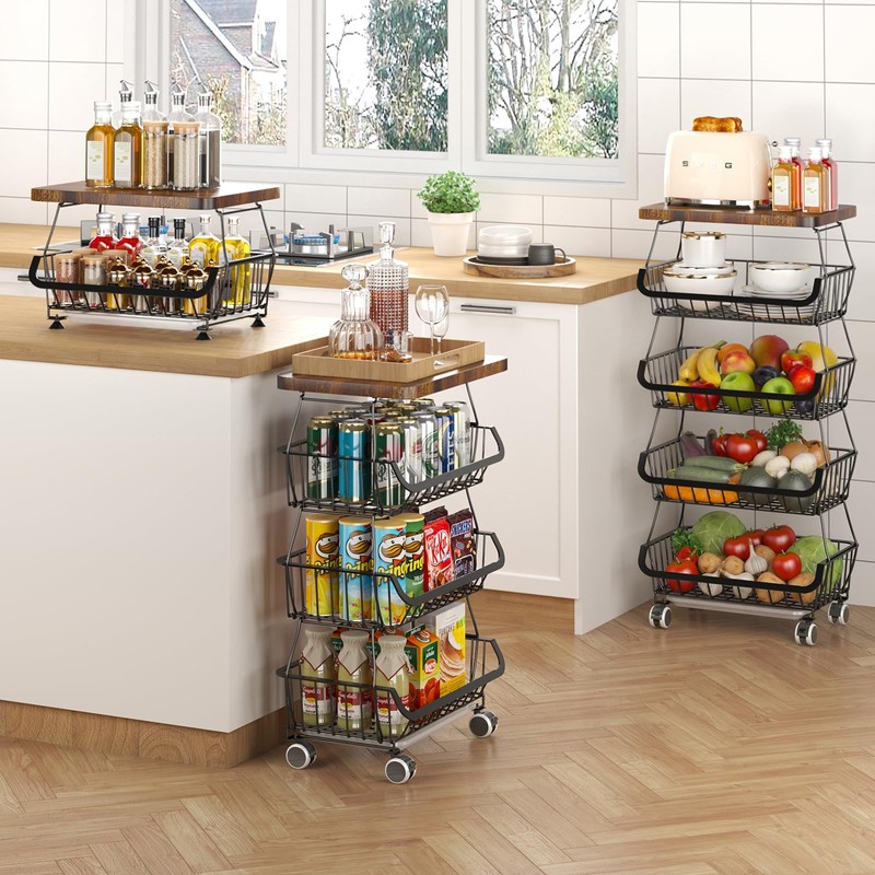 CHLORYARD Fruit Basket with Wooden Lid for Kitchen, 4-Tier Stackable